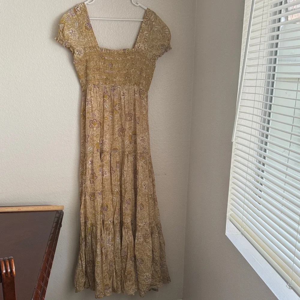 Free People getaway babydoll ruched Mustard tiered Floral Maxi Dress S